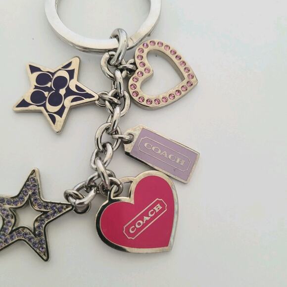 Coach Key Chain Ring Fob Ring Bag Charm Silver Keychain Hearts Stars Purple - Picture 2 of 5